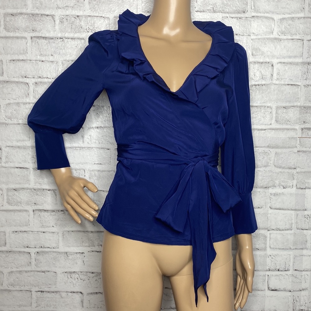 Diane Von Furstenberg Blue Ruffle Wrap Blouse